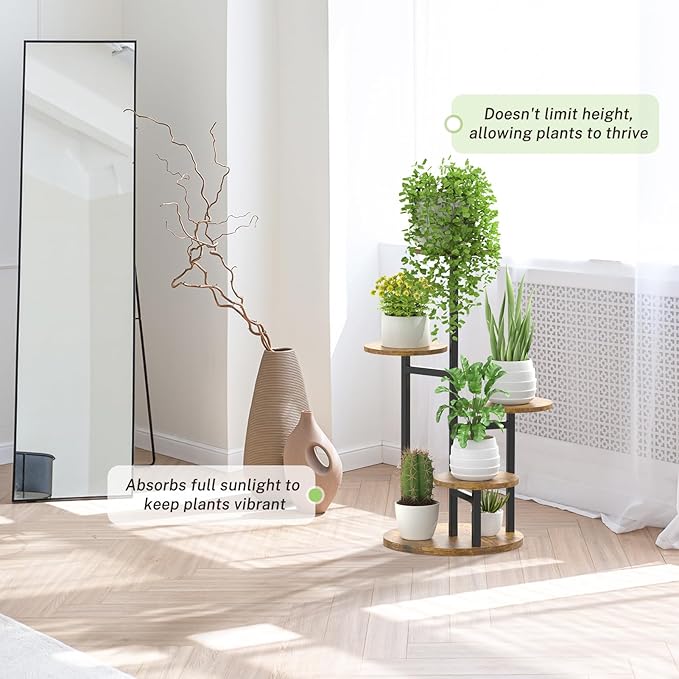 5 Tier Plant Stands Indoor Outdoor, Tiered Metal Wood Corner Plant Shelf for Multiple Plants, Tall Flower Stand Holder Display Rack for Living Room Balcony Garden Patio (Round)