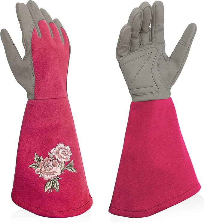 Rose Pruning Gloves Thorn Proof, Embroidery Leather Gardening Gloves with Extra Long Forearm Protection