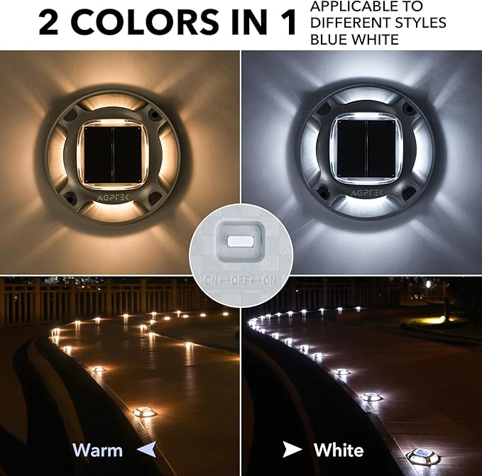 AGPTEK Solar Driveway Lights Outdoor 24 Pack, 2 Color Modes LED Deck Dock Marine Waterproof Driveway Marker Lights for Step Sidewalk Stair Garden Pathway Walkway Yard (Warm White/Cool White)
