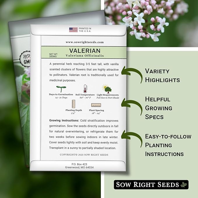 Sow Right Seeds - Valerian Seeds for Planting - Non-GMO Heirloom Packet with Instructions to Plant an Outdoor Herb Garden - Fragrant with Medicinal Benefits - Valerian Root for Sleep & Calm (1)