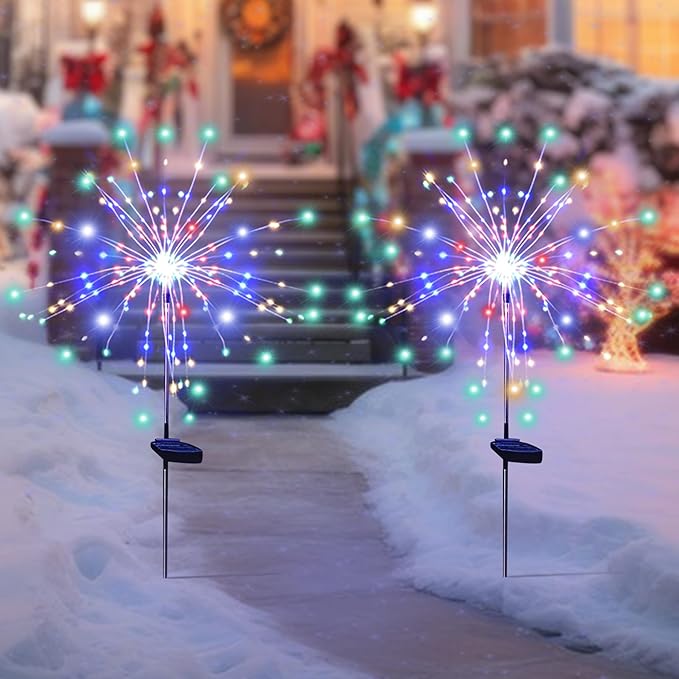 Solar Garden Lights for Outdoor Decor, Waterproof 2 Pack Solar Powered Firework Stake 120 LED Sparklers String Lights for Yard Pathway (Colorful)