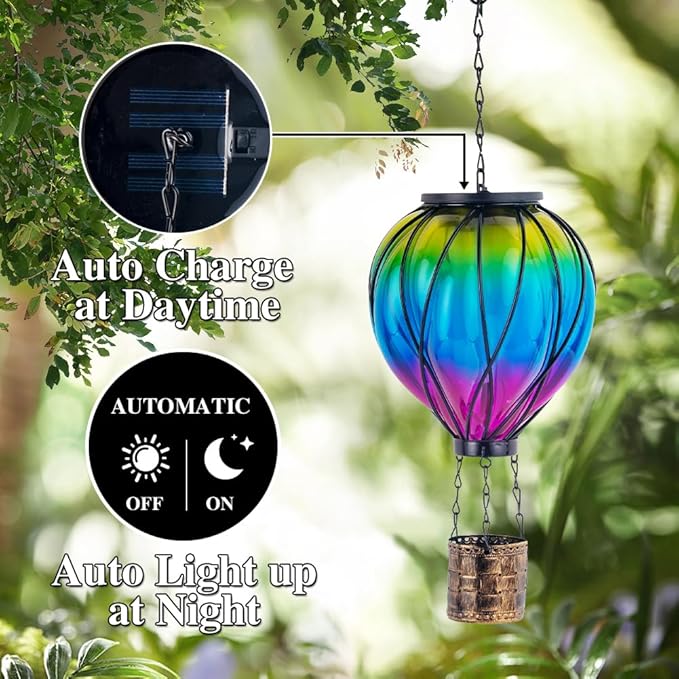Gradient Color Solar Hot Air Balloon Outdoor Lantern with Flickering Flame Hanging Outdoor Lantern Waterproof Decorative Lantern Lamp for Patio, Garden, Porch