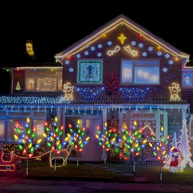 Upgraded 4 Pack Solar Christmas Garden Stake Lights for Christmas Decorations, 8 Modes Solar Christmas Yard Stake Outdoor Waterproof Christmas Strawberry Lights for Garden Patio Yard Pathway Grave