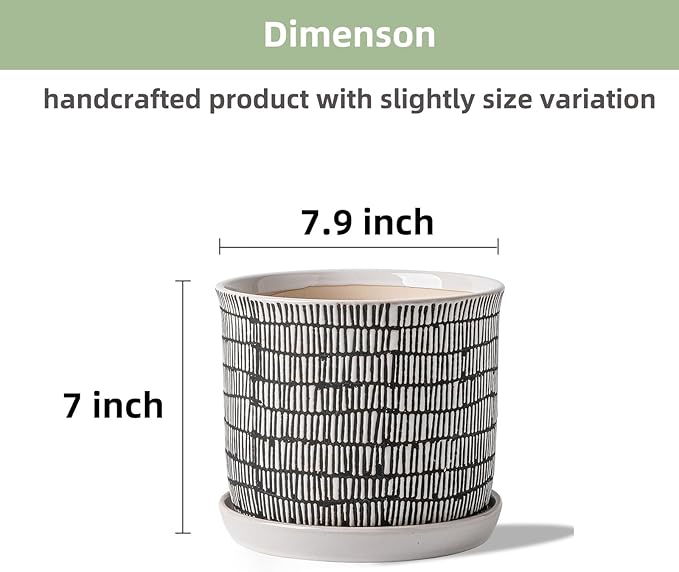 8 Inch Plant Pot: Ceramic Planter with Drainage Hole & Saucer for Indoor Outdoor Plants - Flowerpot with Bonded Tray for Home Office - Mixed Stripe Debossed