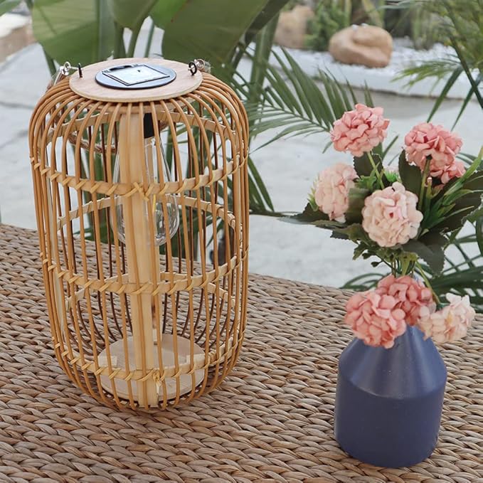 Solar Lantern Outdoor Waterproof, Large Rattan Solar Lantern Outdoor Hanging with Handle, Natural Bamboo Solar Outdoor Lights with Edison Bulb for Garden Patio Yard Tabletop Decoration