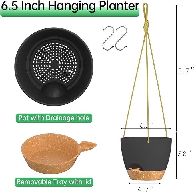 ZMTECH 6.5 Inch Hanging Planters for Indoor Outdoor Plants, 2 Pack Self Watering Hanging Plant Pots with Drainage Holes and Removable Saucer, Plastic Flower Hanging Pots with Watering Lip (Black)