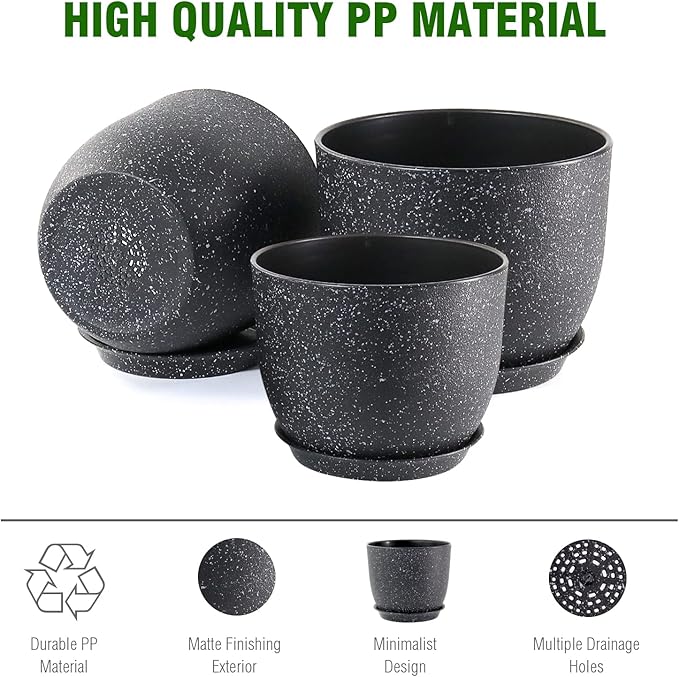 9/8/7.5 inch Plant Pots, Set of 3 Modern Decorative Plastic Planters with Drainage Holes and Saucer for Garden House Plants, Flower Pots for Indoor Outdoor Plants, Speckled Black