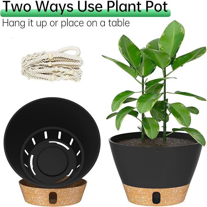 ZMTECH 2 Pack 10 Inch Hanging Planters with Macrame Plant Hanger for Indoor and Outdoor Plants, Self Watering, Drainage Hole, Visible Level Tray, Gray