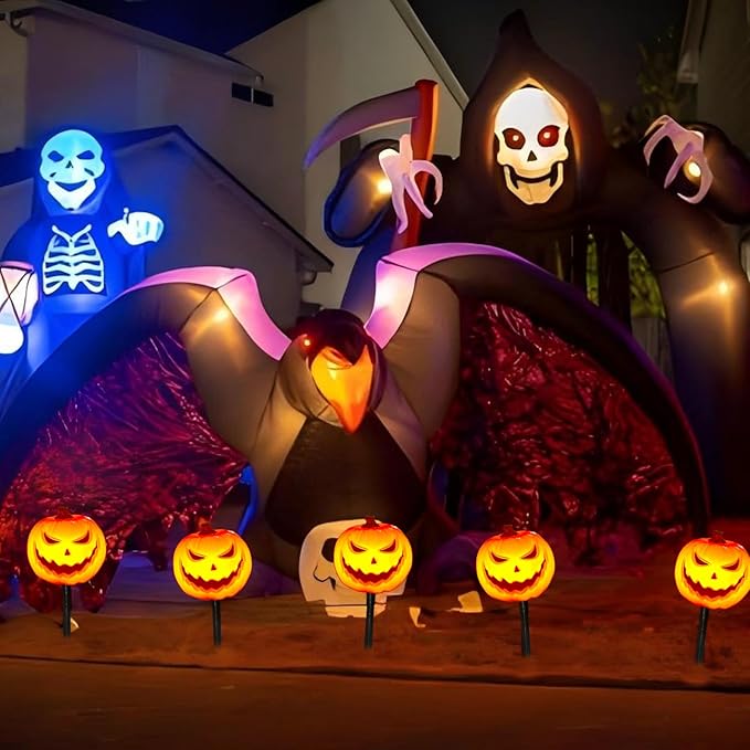 4 Pack Halloween Smiley Pumpkin Pathway Lights, 7Ft LED Decorative Outdoor String Lights Plug in With 4 Jack O Lantern Stakes for Garden Yard Walkway Party Decor