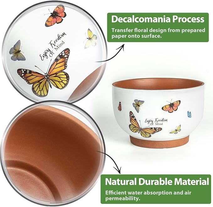 YBX 8 Inch & 6 Inch Terracotta Pots, Plant Pots Indoor, Flower Pots for Indoor Plants with Drainage, Planters with Butterfly Accent for Indoor Plants (Tropical)