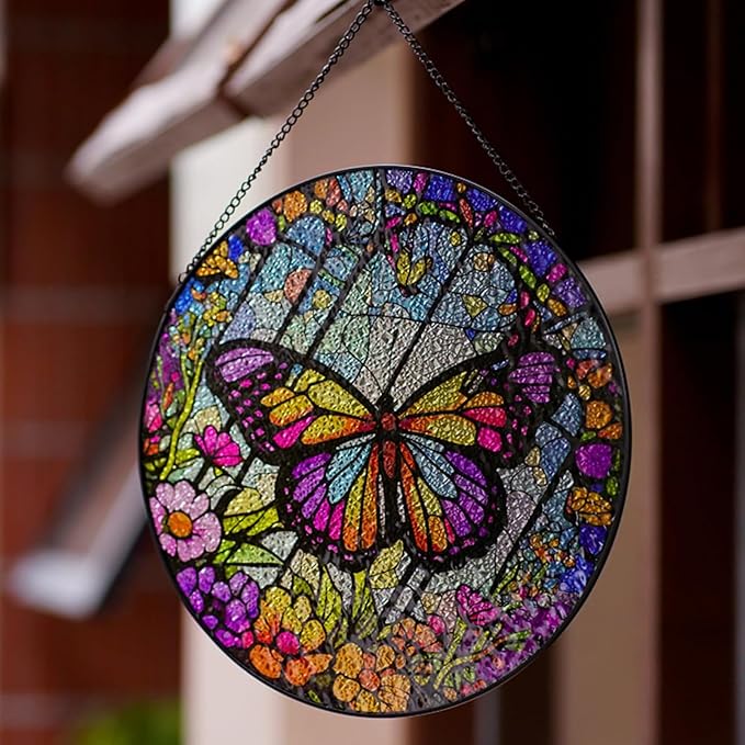 Butterfly Stained Glass Suncatcher Artistic Window Hanging,7.8” Hand-Painted Glass Panel Wall Home Decor,Gift for Women Garden Decor Suncatcher, BL009