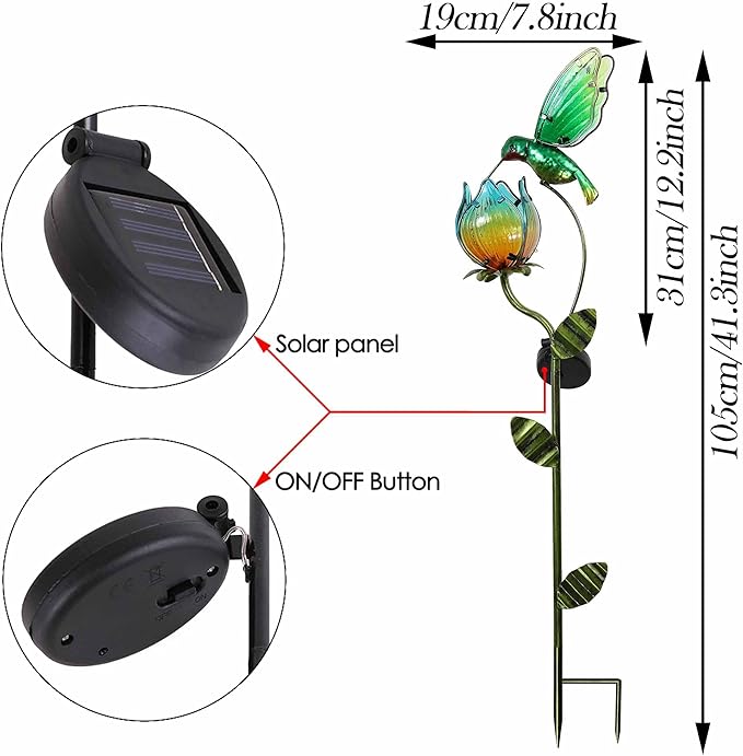 TERESA'S COLLECTIONS Glass Flower Bird Pathway Solar Outdoor Light for Garden Decor, 41'' Tulip and Hummingbird Metal Decorative Stakes Yard Art for Lawn Patio Porch Decorations, Gifts for Mom