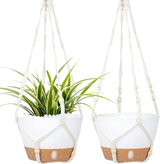 QCQHDU 2 Pack Hanging Planters for Indoor Plants, Outdoor Hanging Baskets, Self Watering Pots with Drainage Holes & Removable Tray (Dark Grey, 10 inch, Macrame Hanger)