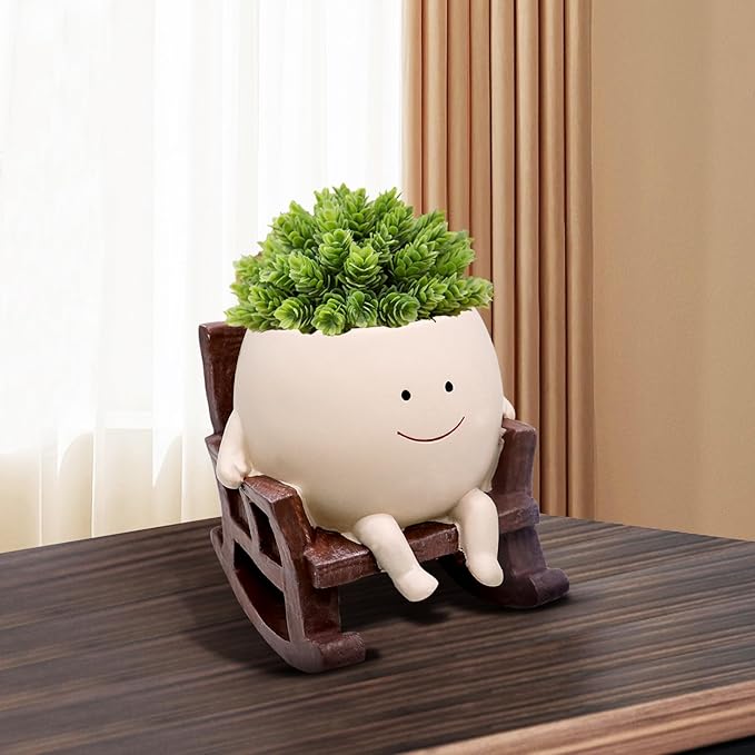 Smile Face Rocking Chair Planter Pot for Indoor Outdoor Plants, Unique Sit Rocking Chair Succulent Flower Pots, Cute Head Planters with Drainage Hole - Gift IdeaI for Mother and Grandma