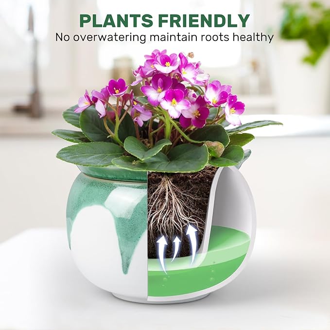 Self Watering Pots for Indoor Plants, 6 Inch African Violet Pots, Easy Plant Self Watering Planter, Ceramic Plant Pot with Absorbent Inner Pot for Flowers,Flower Pots - Gradient Green