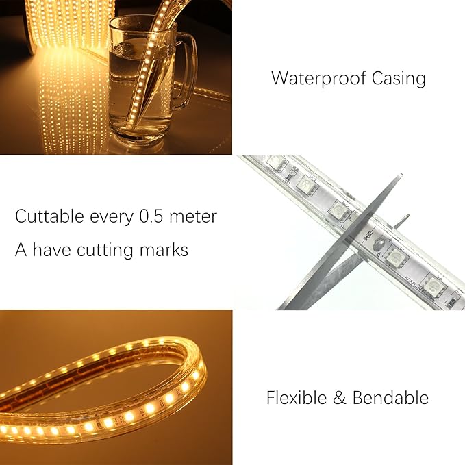 5050-60 Type AC 110-120V LED Strip Lights, Flexible/Waterproof/Dimmable/Multi-Modes LED Rope Light + 23 Keys Remote for Home/Garden/Building Decoration (32.8ft/10m, Natural White 4000K)