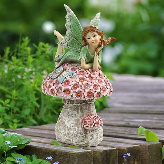 Garden Fairy Decor for Outside, Fairy Garden,Flower Fairy Outdoor Statue,Solar Powered Resin Ornaments,Patio Lawn Yard Porch, Garden Fairy Figurines for Home Garden Gifts,8.66inches Tall