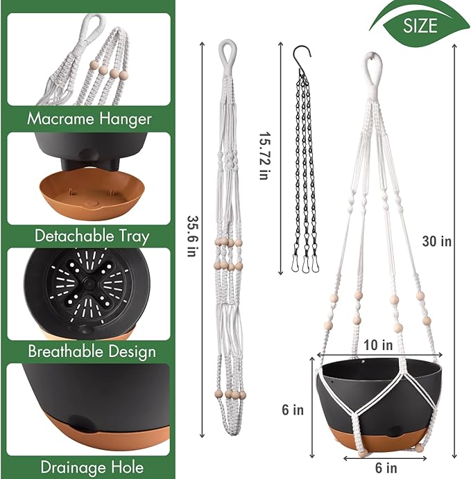 10 Inch Hanging Planters for Indoor Plants,Set of 2 Hanging Pots for Plants with Self-Watering, Outdoor Hanging Plant Pot with Drainage and 2 Kinds of Hanging Baskets Hangers for Home Decor and Garden