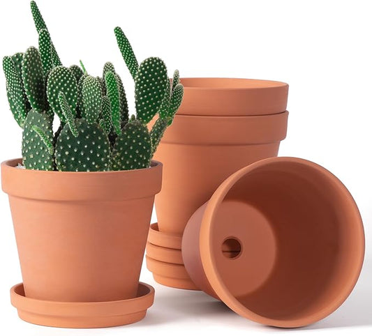 6 inch Clay Pots for Plants with Saucer, Large Terra Cotta Plant Pots with Drainage Hole, Flower Pots with Tray, Terracotta Pots for Indoor Outdoor Plant - Pack of 4 Planters