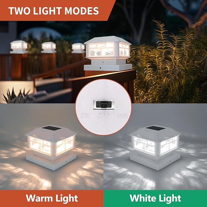 Solar Post Lights Outdoor, 20LM Fence Post Cap Lights, Waterproof, 2 Light Modes, Fit 3.5x3.5in 4x4in 5x5in Wooden Post, Solar Power Deck Lights for Garden Deck Patio Decoration(White 8Pack)