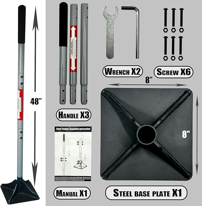 Heavy Duty Steel Tamper 10"x10" with 48 inch Handle and Rubber Grip Ideal Garden Landscaping Rammer for Earth Soil Asphalt, Gravel and Dirt Compaction Levelling Paver Tool Trash Tamper