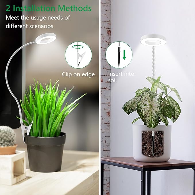 Plant Light Clip on, 6000K White Full Spectrum Grow Lights for Indoor Plants, Halo Grow Lamp with 360° Gooseneck, 6/12/16H Timer, 3 Light Modes, 5 Level Dimmable Indoor Plant Light 2 Pack