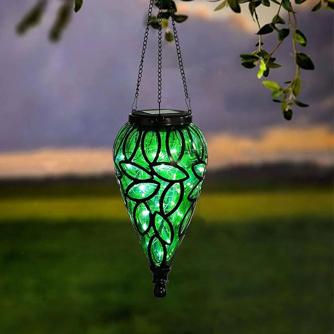 Solar Hanging Lantern Outdoor Lights, Tear-Shaped 15 LEDs Cool White Hanging Lights with S Hooks Decor in Garden, Yard, Pathway, Front Door and Landscape