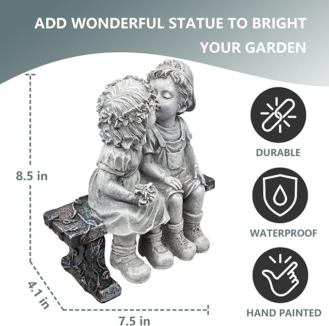 Elenon Garden First Kiss Outdoor Statue Decorative, Flower Bed Decor Boy and Girl Garden Statues, Couple Puppy Love Garden Sculpture for Yard Patio Art Decoration