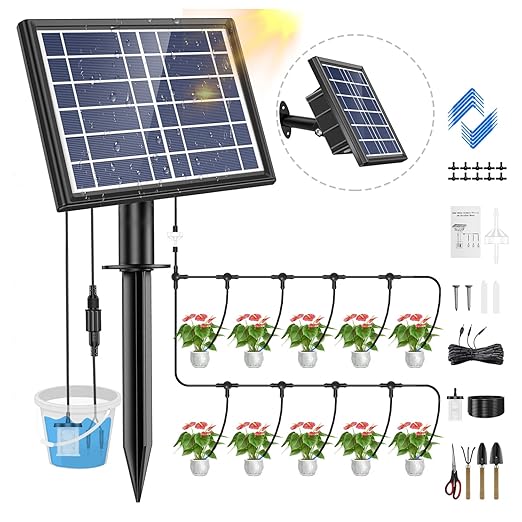 Drip Irrigation Kit - Skycow Solar Drip Irrigation System 10 Potted Indoor Outdoor Garden Balcony Anti-Siphoning Automatic Plant Watering System Multi-Timing Mode 3000mAh Battery Digital Screen 32FT