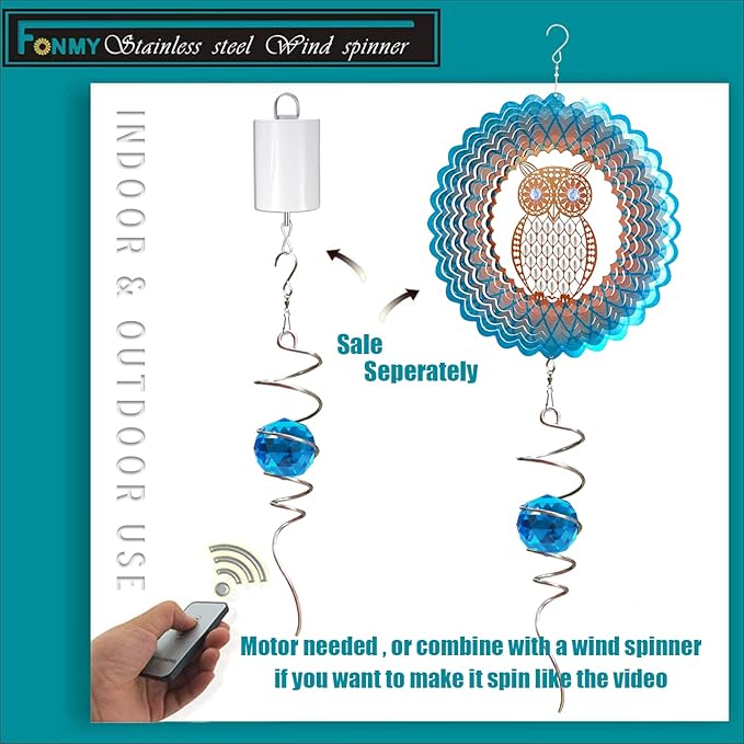 Fonmy Gazing Ball Spiral Tail -Decorative Wind Spinner Sun Catcher Rainbow Maker 11 inch Tail and 2 inch Peacock Blue Crystal Orb. Indoor Outdoor Garden Decoration -13 inch Height