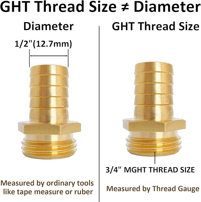 1/2" Barb x 3/4" Male GHT Thread Hex Brass Garden Water Hose Pipe Connector Copper Fitting with Stainless Clamp House/Boat/Lawn/Power Wash/Irrigation