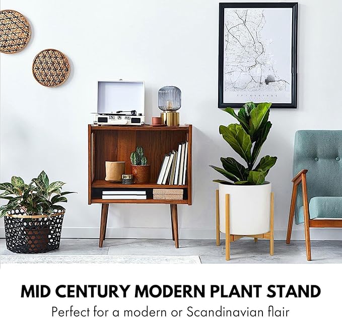 Fox & Fern Large Adjustable Plant Stand Indoor — 11 to 15 Inch Mid Century Bamboo Plant Stand; Plug In Design; Easy to Assemble; Two Height Options - For 11, 12, 13, 14 & 15 Inch Pots (Not Included)