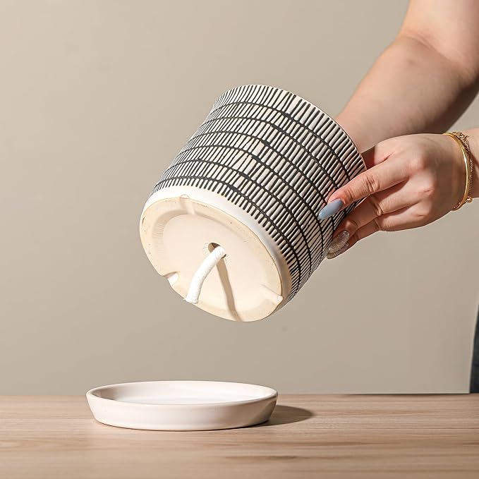 6 Inch Plant Pot: Ceramic Planter with Drainage Hole & Saucer - Cylinder Flowerpot for Indoor & Outdoor Plants - with Separate Tray for Home & Office - Striped Design