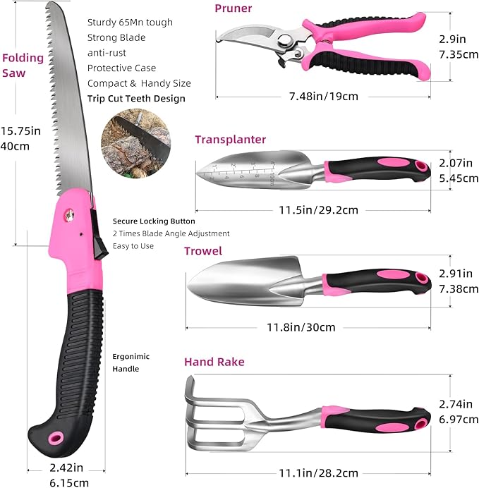 Garden Tool Set,5-Piece Aluminum Lightweight Gardening Kit with Folding Saw, Trowel, Transplanter, Hand Rake, Pink Gardening Gifts for Women,Heavy Duty Gardening Tools with Ergonomic Handle