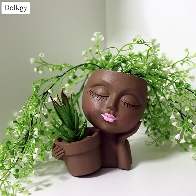 Face Flower Pot Head Planter, Black Woman Unique Planters for Indoor Outdoor Plants, Novelty Plant Pots Lady Vase with Drainage Hole Home Garden Succulents Cactus