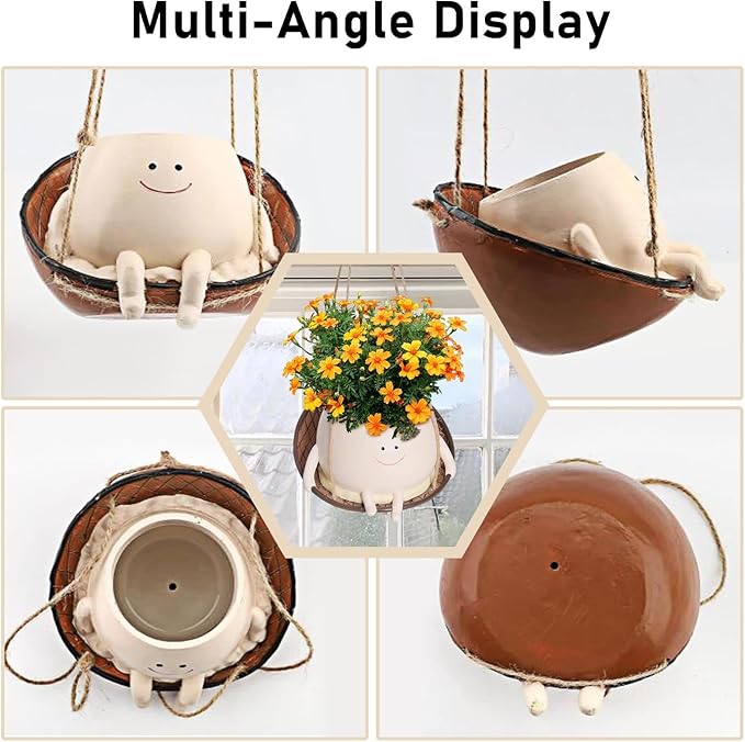 Small Swing Face Hanging Planter Pot for Indoor Outdoor Plants, Cute Swinging Plant Pot, Hanging Flower Pots, Face Planter Pot Head, Valentines Day Gifts for Her(Swing Basket)