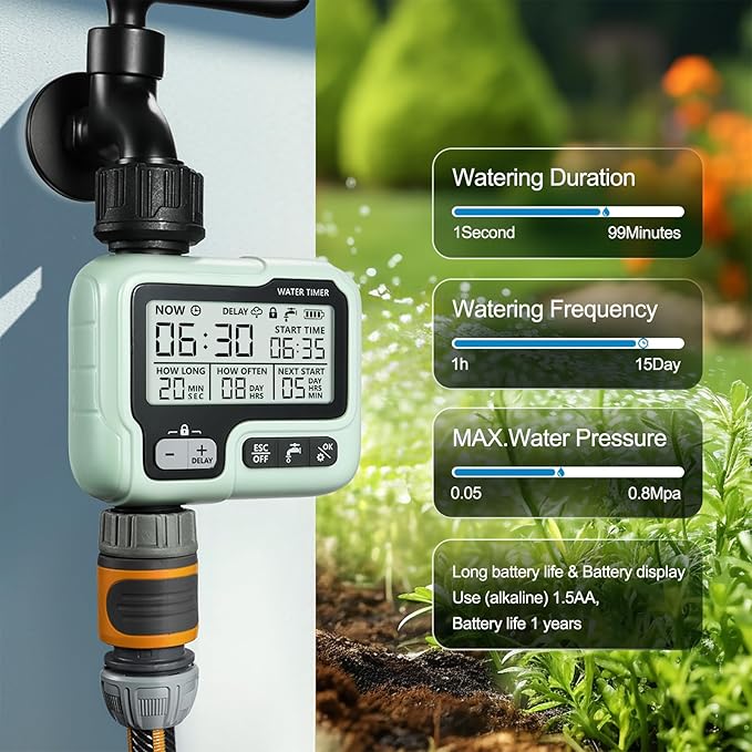 CROSOFMI Watering Timer,Sprinkler Timer Programmable Garden Outdoor Hose Faucet Timer with Rain Delay/Manual/Automatic Watering System,Waterproof Digital Irrigation Timer System for Lawns,1 Outlet