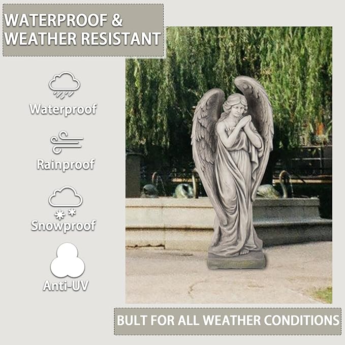 Outdoor Statues Angel Décor Garden Statue - 34 inch Large Garden Angels Outdoor Religious Statues Catholic Resin Concrete Finish Yard Patio Deck Home Entryway Hallway Sculpture 13.7 * 9.8 * 34 Inch