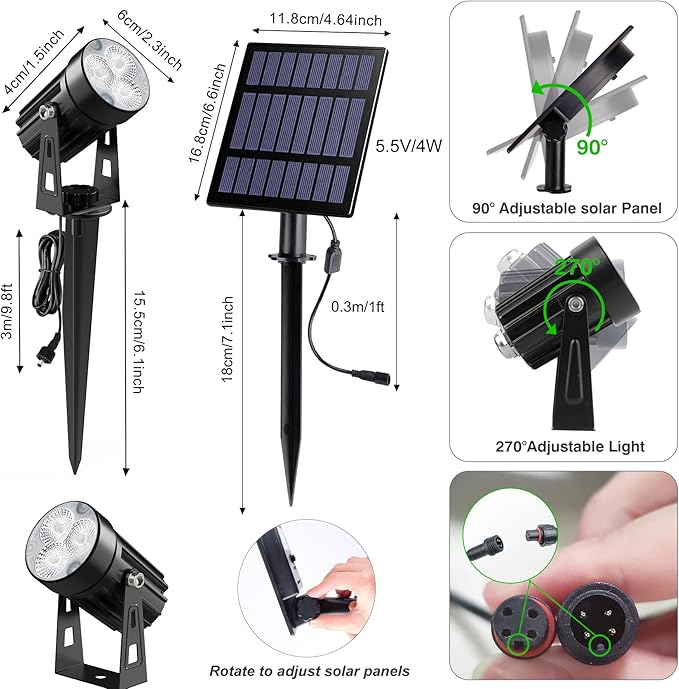 Solar Spot Lights Outdoor, 3-in-1 Garden Spotlights IP65 Waterproof 9.8ft Cable, 5W 4000mAh Separated Solar Panel, Auto On/Off for Tree Patio Yard Driveway Pathway Pool(Cold White 6000K)