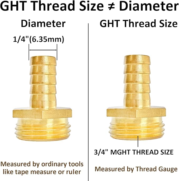 2Pcs 1/4" Barb x 3/4" Male GHT Thread Hex Brass Garden Water Hose Pipe Connector Copper Fitting with Stainless Clamp House/Boat/Lawn/Power Wash/Irrigation