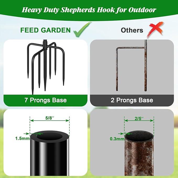 FEED GARDEN 92 Inch Adjustable Outdoor Shepherds Hook Bird Feeder Pole with 7 Prongs Base, Premium Steel Heavy Duty Tall Shepards Hooks for Hanging Bird Feeders, Plant Basket, Lanterns, 1 Pack