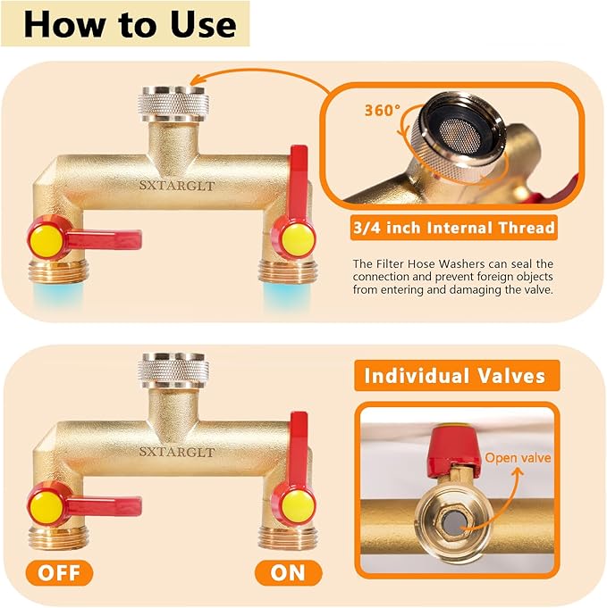 Brass garden hose splitter,、2 way hose splitter with 2 Extension Handles, GHT 3/4”Outdoor Faucet Diverter for irrigation system with extra 1 Filter Rubber Washers 2 Quick Connectors 1 Tape