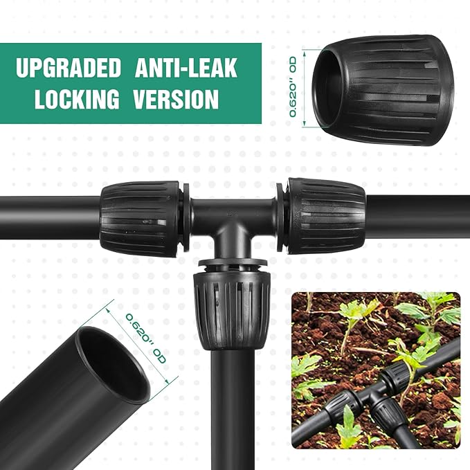 Frienda 40 Pcs 1/2 Inch Drip Irrigation Lock Barbed Tee Tubing (1/2" IDx0.6-0.63" OD) 16mm Fittings Drip Irrigation Parts Anti Drop Locked Reducing Tee for Hose, Black and Green