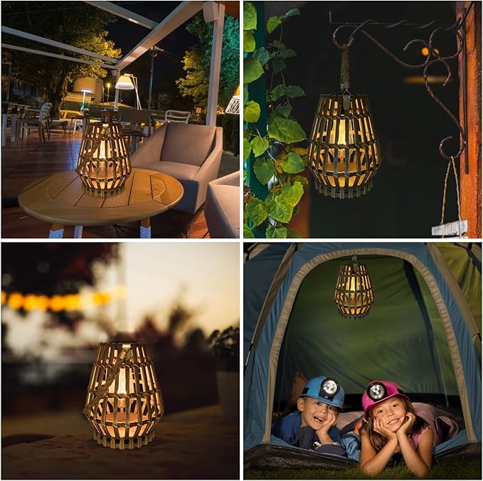Hanging Solar Lantern Rattan Outdoor Lanterns for Patio Waterproof with Handle Large Bright Natural Bamboo Solar Table Lamp LED Lights Edison Bulb Design Decor for Wedding Yard Garden Farmhouse