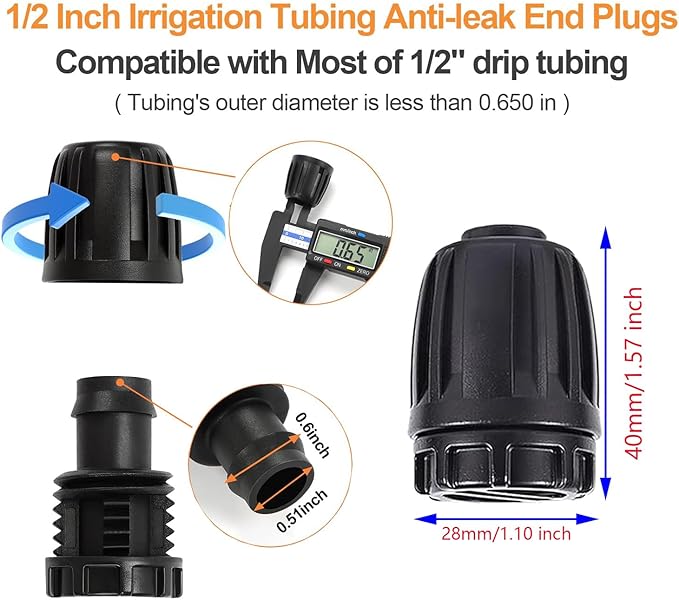 1/2 Inch Irrigation Fitting End Plug (1/2" ID x0.640" OD),10-Piece Drip Line Barb End Cap Connector, Leak-Proof Plug for Garden Irrigation Systems