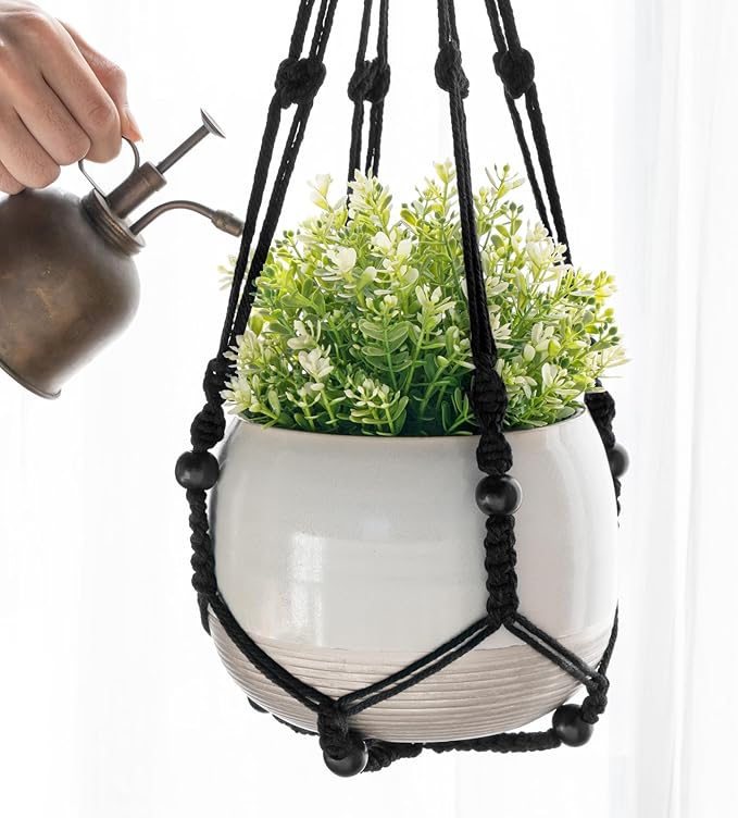 Mkono 3 Pack Macrame Plant Hangers Indoor Different Size Hanging Planter Basket Flower Pot Holder with Beads No Tassels 35"/29"/23", Medium, Black