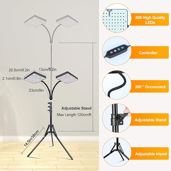 2-Head Grow Light with Stand 50W, FECiDA 2025 Grow Lights for Indoor Plants, Full Spectrum LED Plant Grow Light for Houseplants, Bonsai Tree, 4,8,12,16 Hr Timer and 360° Gooseneck
