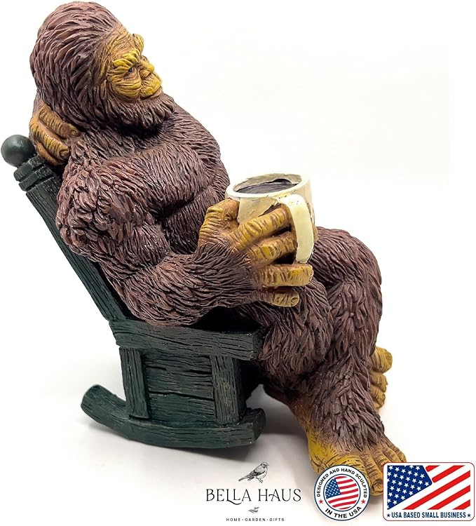 Bella Haus Bigfoot Garden Statue | Sasquatch Enjoying Morning Coffee | Whimsical Bigfoot Cabin Décor for Yard Patio Office or Home | Mythical Coffee-Loving Sasquatch Figurine | Hand-Painted Resin