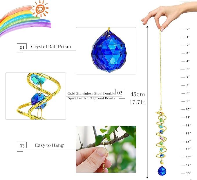 H&D HYALINE & DORA Gazing Ball Spiral Tail Crystal Suncatcher, Rainbow Maker Crystal Beads Decor Sun Catcher Hang with Hook for Window Indoor Outdoor
