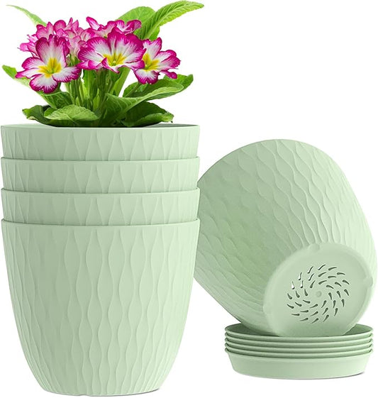 6 inch Plant Pots, 5 Pack Flower Pots with Drainage Holes and Saucers for Indoor Plants, Plastic Planters with Water Ripple for Small Garden House Plants, Nursery Pots for Succulent, Green